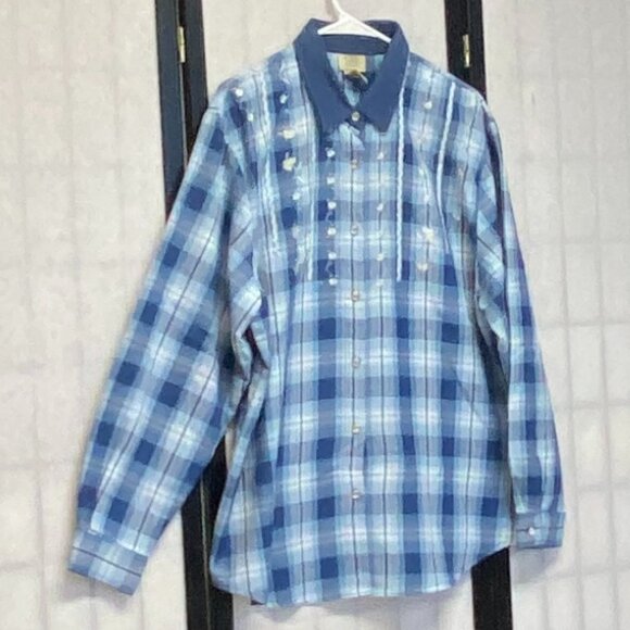 Long Sleeve Plaid Embroidered Front Mother of Pearl Button Shirt Blue XL Teddi - Picture 3 of 12
